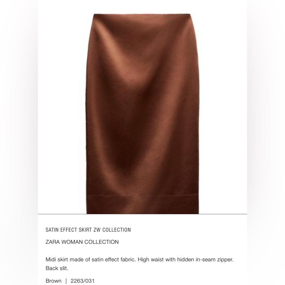 Zara brown midi pencil SATIN EFFECT SKIRT ZW COLLECTION - Picture 2 of 13